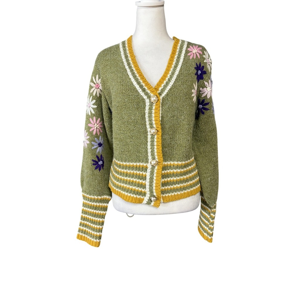 Raga Cardigan Womens Small Green Floral Embroidered Chunky Knit Sweater Boho